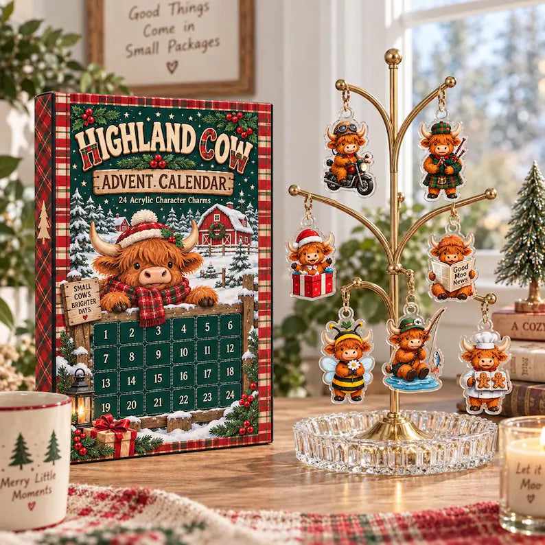Highland Cow Advent Calendar 2026 24 Day Christmas Countdown Box Mini Cow Figurines Farmhouse Holiday Decor Cow Lover Gift
