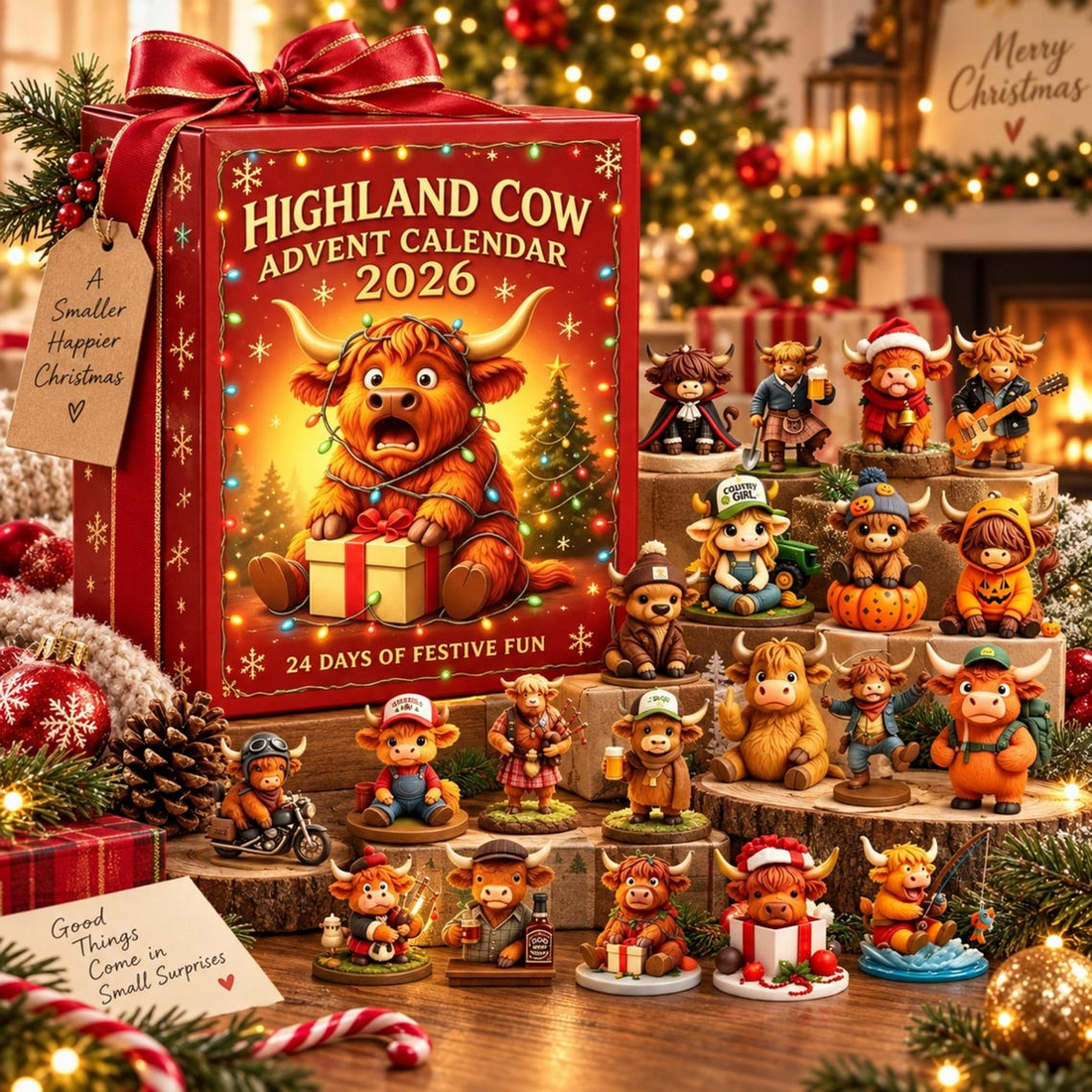 Highland Cow Advent Calendar 2026 24 Days Christmas Countdown 3D Collectible Figurines Farmhouse Holiday Decor Gift For Cow Lovers