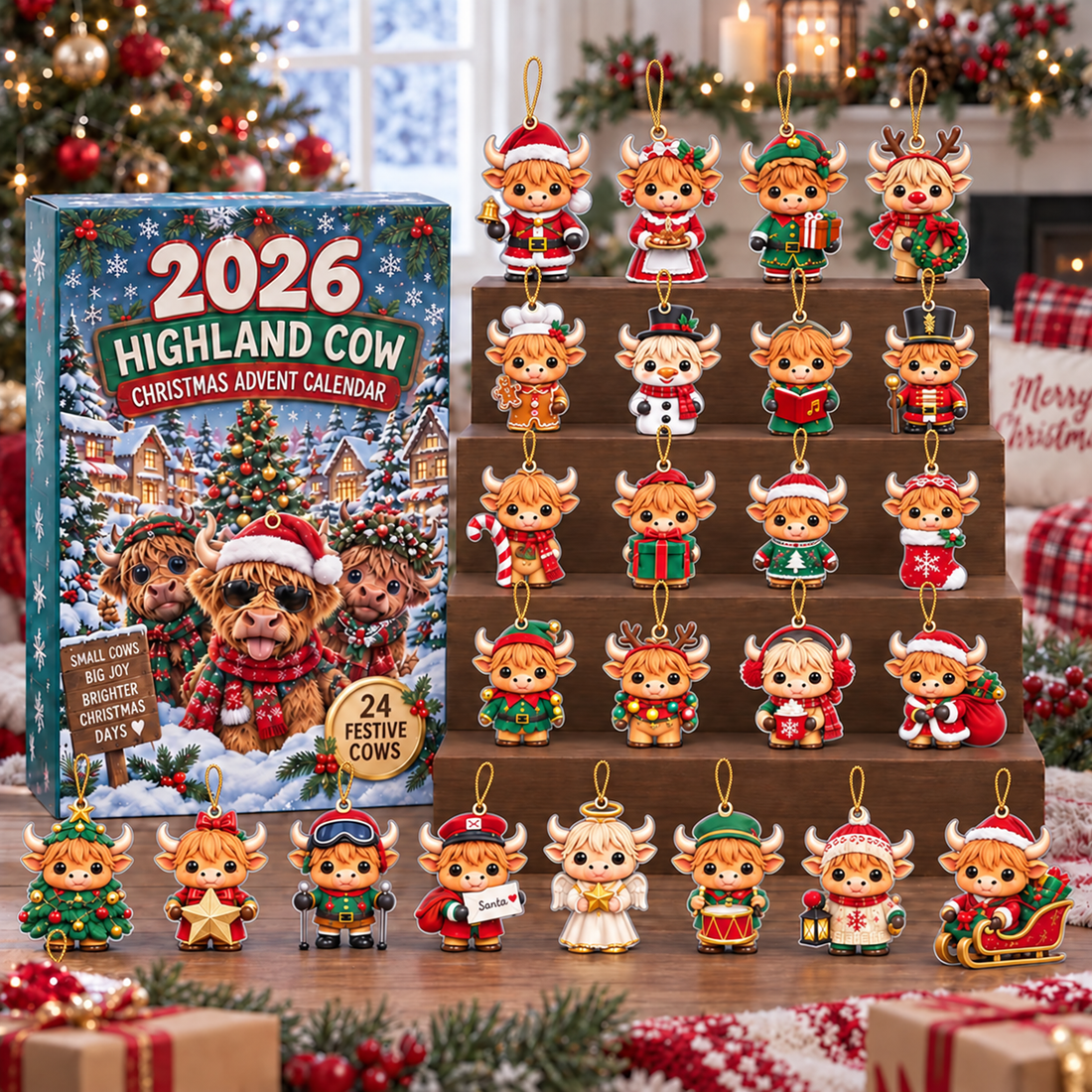 Highland Cow Advent Calendar 2026 24 Flat Acrylic Christmas Charms