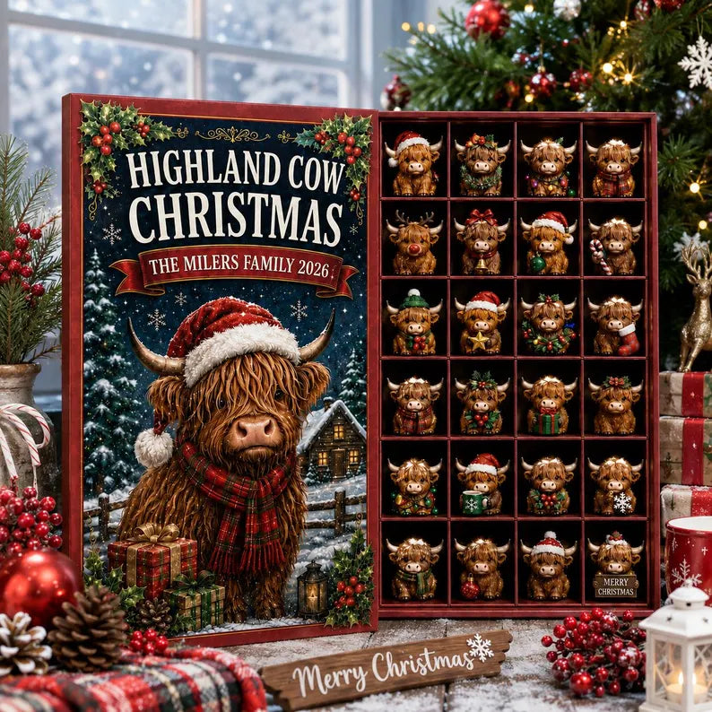 Highland Cow Advent Calendar Christmas Countdown Box 24 Mini Cow Ornament Family Holiday Decor Collectible Gift 2026 Farmhouse Present