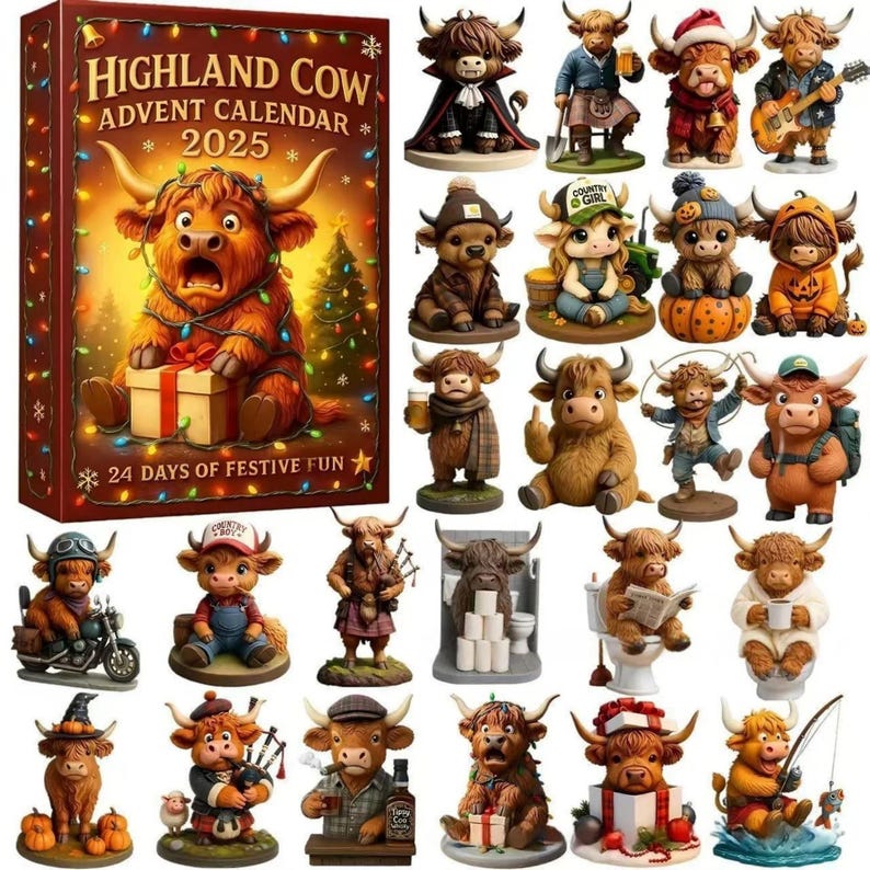 Highland Cow Advent Calendar Cute Farm Animal Christmas Decor Mini Cow Collectible Toys Farmhouse Christmas Decor Unique Cow Lover Gift