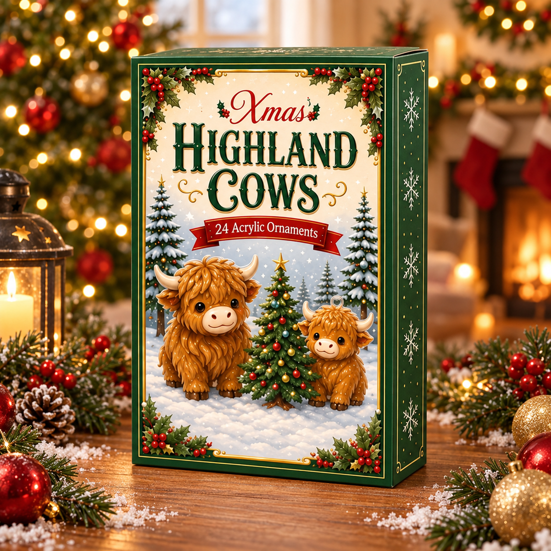 Highland Cow Christmas Advent Calendar 24 Acrylic Or Wood Ornaments