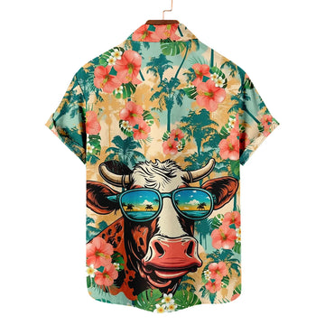 Highland Cow Hawaiian Shirt – Cool Cow Beach Reflection Sunglasses Tropical Hibiscus Aloha -0