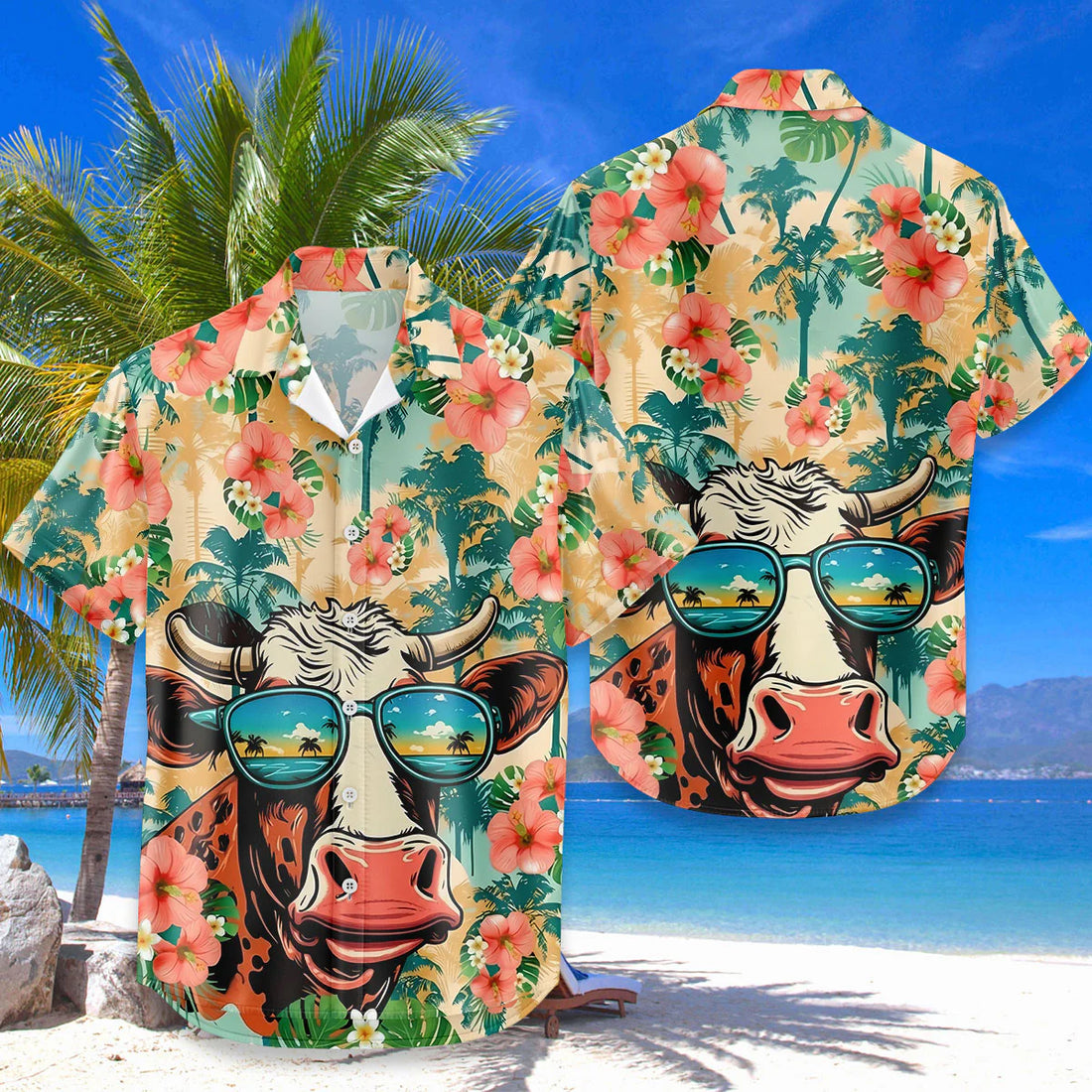 Highland Cow Hawaiian Shirt – Cool Cow Beach Reflection Sunglasses Tropical Hibiscus Aloha -0