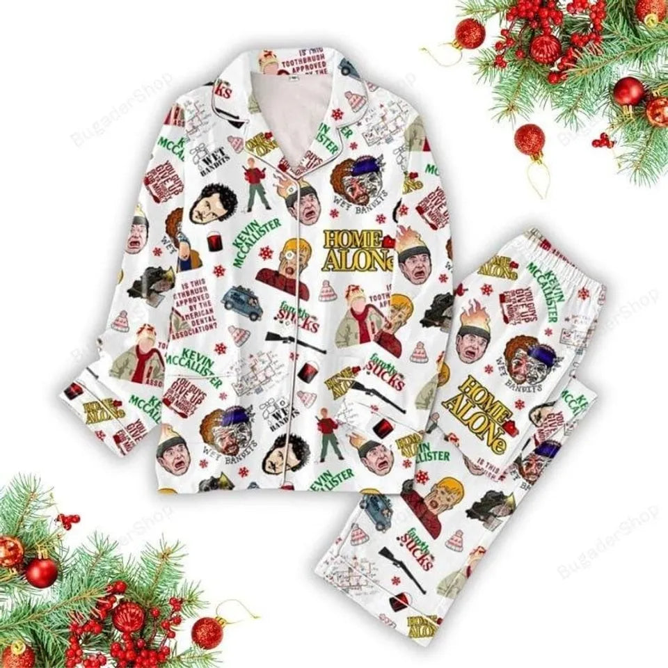 Home Alone Christmas Pajamas Set, Kevin Home Alone Shirt, Home Alone Christmas Satin Pajamas