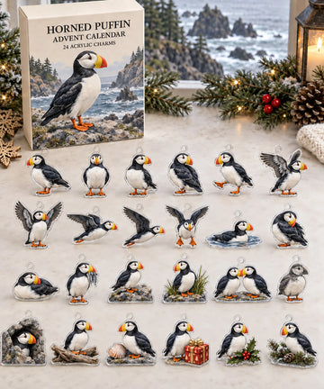 Horned Puffin advent calendar with 24 custom-shaped flat acrylic charms and printed dimensional artwork 2026 - 24-Day Countdown, Acrylic Charms