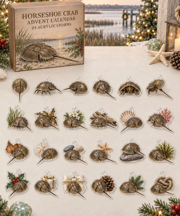 Horseshoe Crab advent calendar with 24 custom-shaped flat acrylic charms and printed dimensional artwork 2026 - 24-Day Countdown, Acrylic Charms
