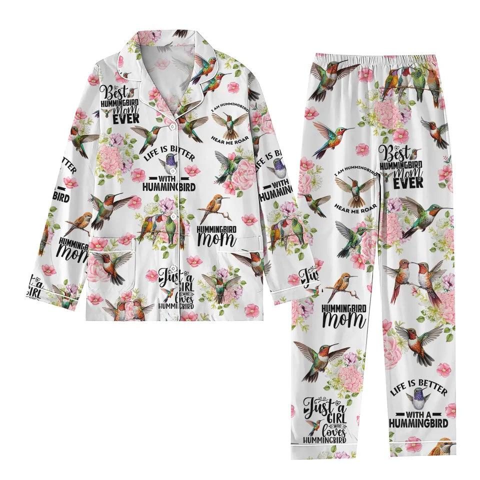 Hummingbird Pajamas Set, Animal Lover Gift, Floral Hummingbird Pajamas, Cute Hummingbird Pjs, Long Sleeve Pyjamas, Mom Gift, Bird Pjs