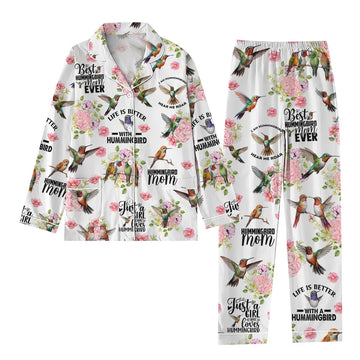 Hummingbird Pajamas Set, Animal Lover Gift, Floral Hummingbird Pajamas, Cute Hummingbird Pjs, Long Sleeve Pyjamas, Mom Gift, Bird Pjs