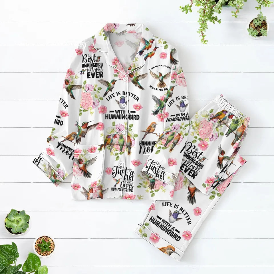 Hummingbird Pajamas Set, Animal Lover Gift, Floral Hummingbird Pajamas, Cute Hummingbird Pjs, Long Sleeve Pyjamas, Mom Gift, Bird Pjs