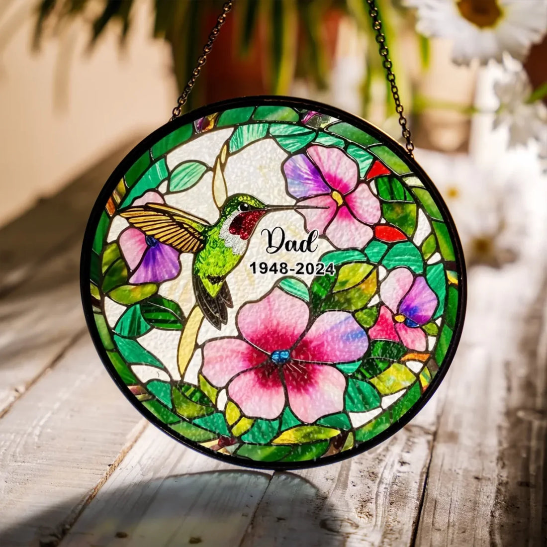 Hummingbird Poppy Flower Personalized Window Stained Glass Sympathy Gift Memorial Suncatcher
