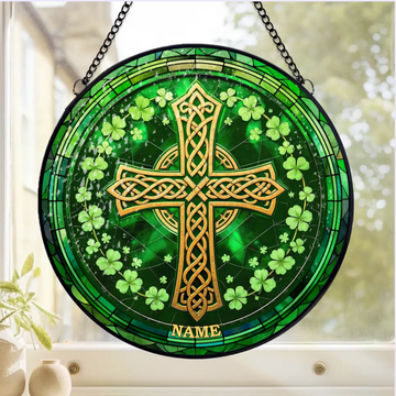 Irish Celtic Cross Shamrock St Patricks Day Personalized Window Stained Glass Window Suncatcher St Patricks Day Home Decor