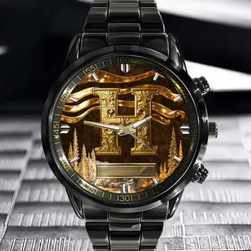 Customized Metal-Look Dial Pattern Watch - Personalized Name And Initial - Memento Gift,Gift For Him/Her
