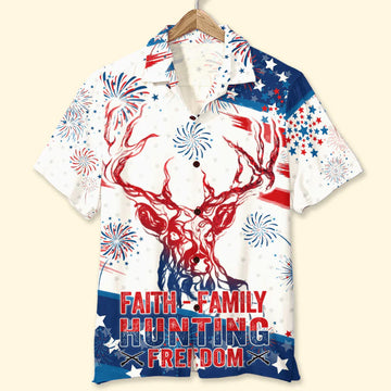 Independence Day Faith Family Hunting Freedom Aloha Hawaiian Shirts For Summer, 4th Of July American Hawaiian Shirt For Men Women, Patriotic Gifts