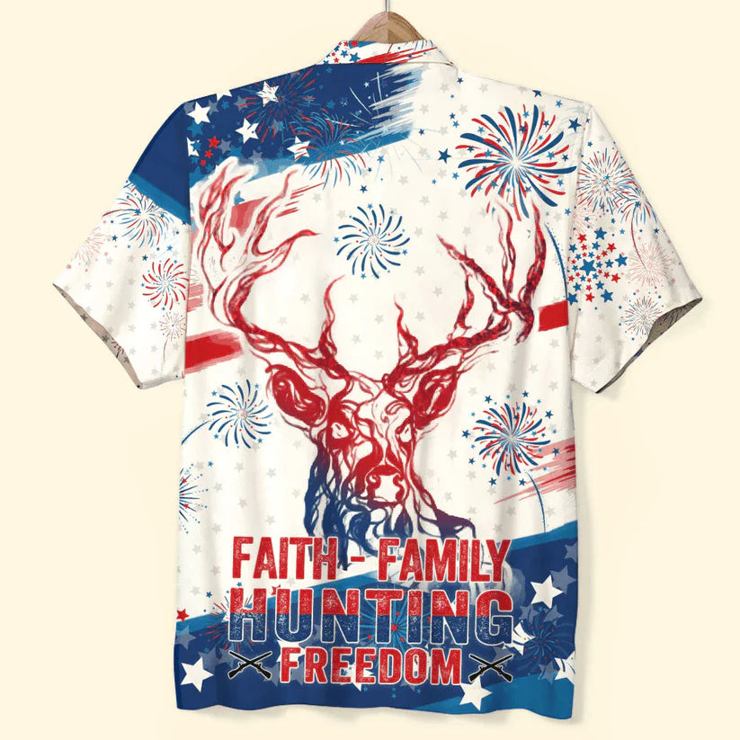 Independence Day Faith Family Hunting Freedom Aloha Hawaiian Shirts For Summer, 4th Of July American Hawaiian Shirt For Men Women, Patriotic Gifts
