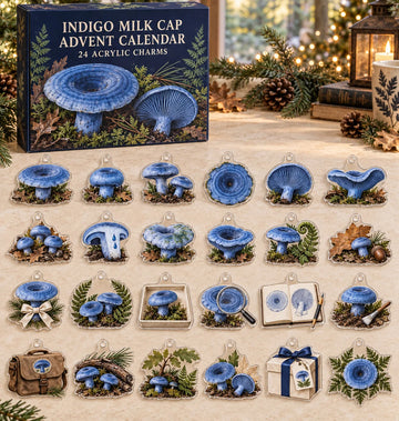 Indigo Milk Cap advent calendar with 24 custom-shaped flat acrylic charms and printed dimensional artwork 2026 - 24-Day Countdown, Acrylic Charms