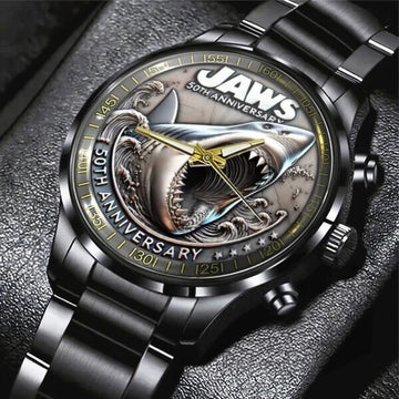 Jaws Black Stainless Steel Watch Movie 50Th Anniversary
