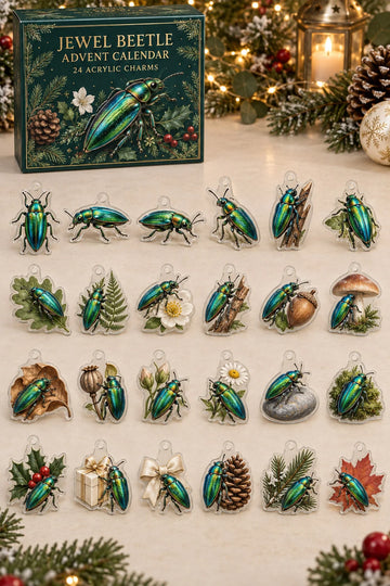 Jewel Beetle advent calendar with 24 custom-shaped flat acrylic charms and printed dimensional artwork 2026 - 24-Day Countdown, Acrylic Charms