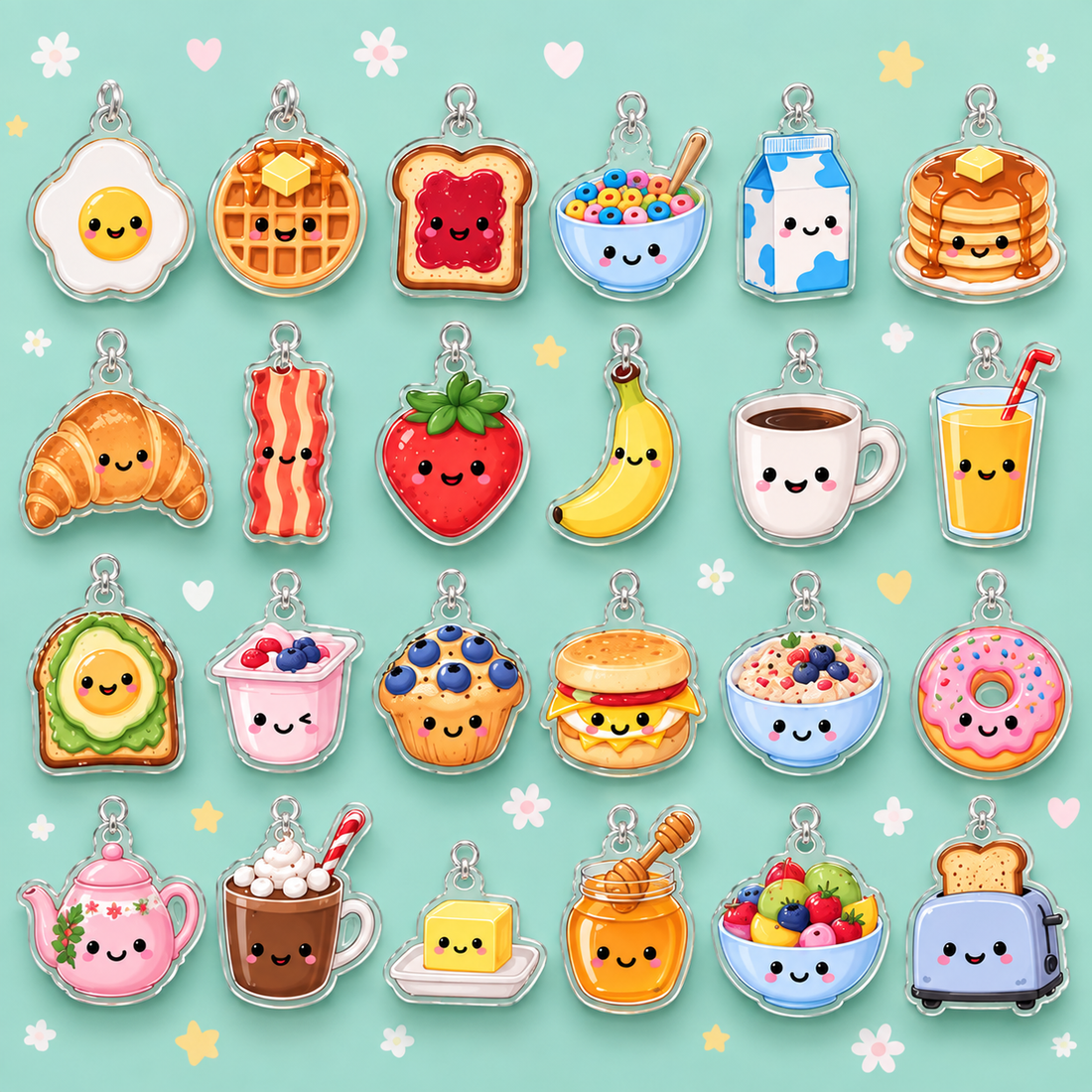 Kawaii Breakfast Advent Calendar With 24 Acrylic Charms Cute Food 2D Christmas Ornaments Mini Hanging Charm Set Christmas Countdown Gift For Kids