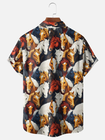 Kentucky Derby Horse Chest Pocket Casual Hawaiian Shirt