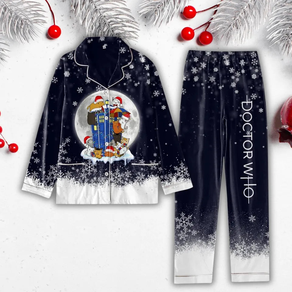 Kitten Who Dr Who Pajamas, Funny Kitten Tardis Box Pajamas, Doctor Who Christmas Pajamas Set, Cat Police Box Movie Pajamas, Women Pjs