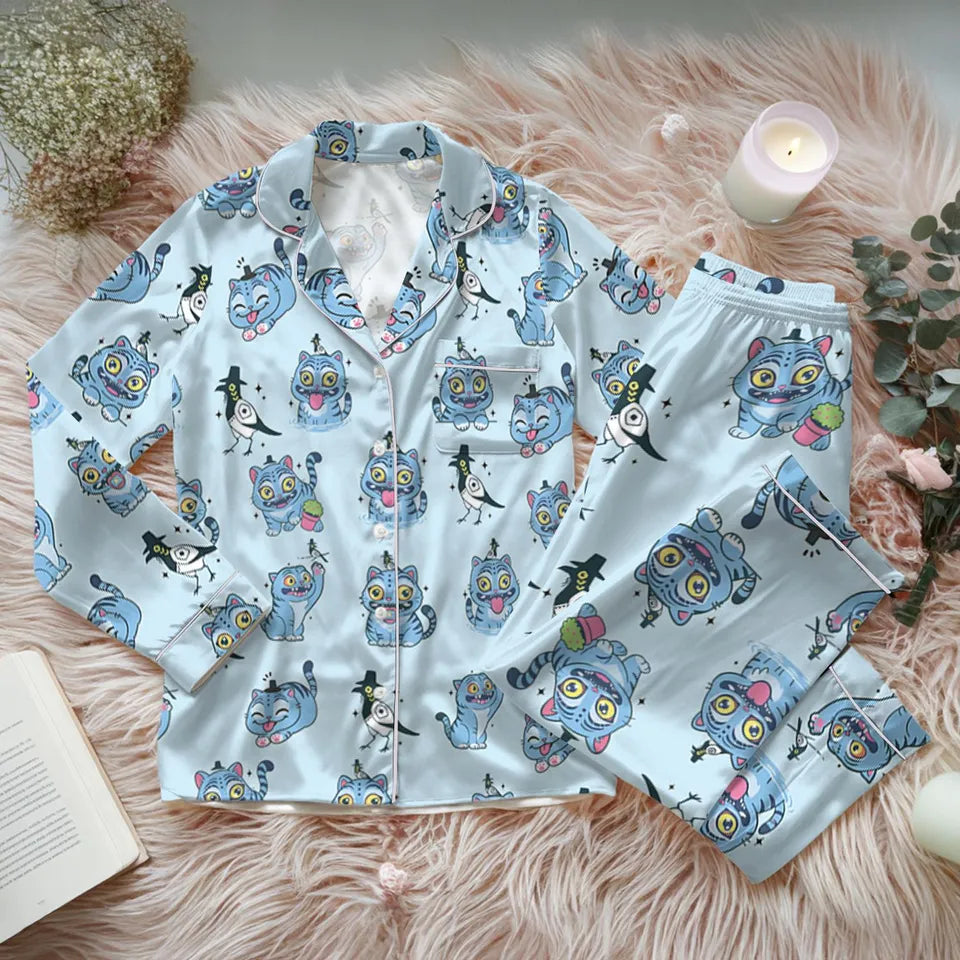 Kpop Demon Hunters Tiger Satin Pajama Set, Derpy the Tiger & Bird Sleepwear, Kpop Saja Boys Pajamas, Demon Hunter Shirt