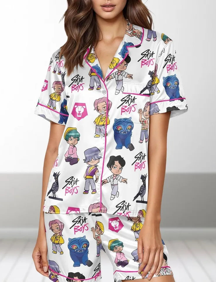 Kpop Saja Boys Pajamas Set with Pocket, Demon Hunters Women Pajamas, Kpop Huntrix Pin, Fan Gift