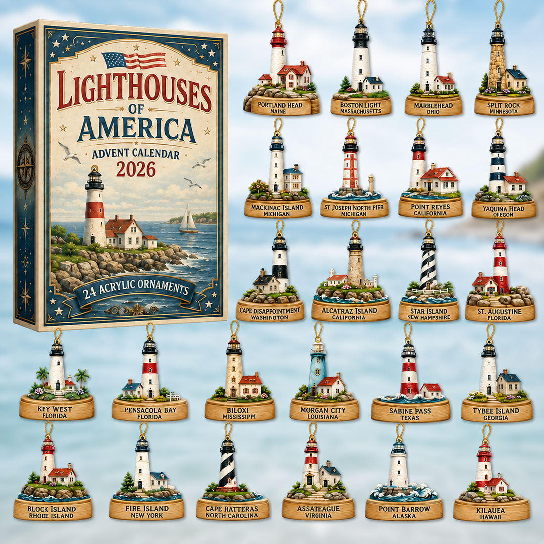 Lighthouses Of America Advent Calendar 2026 24 Day Festive Countdown Acrylic Charms Blind Box Gift For Ocean Lovers Family Friends