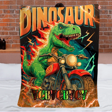 Lightning Dinosaur Riding Motorcycle Custom Blanket - Personalized Name - Gift For Dinosaur Lovers