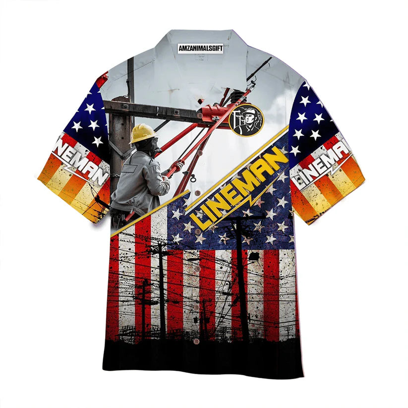 Lineman American Flag Patriotic Aloha Hawaiian Shirts For Men Women, 4th July Gift For Summer, Friend, Family, Independence Day, Lineman Lovers
