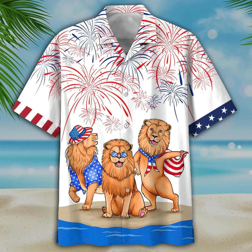 Lion Aloha Hawaiian Shirts For Summer, Happy US Independence Day Funny Aloha Hawaiian Shirt For Men Women, 4th of July Gift For Patriotic, Lion Lovers