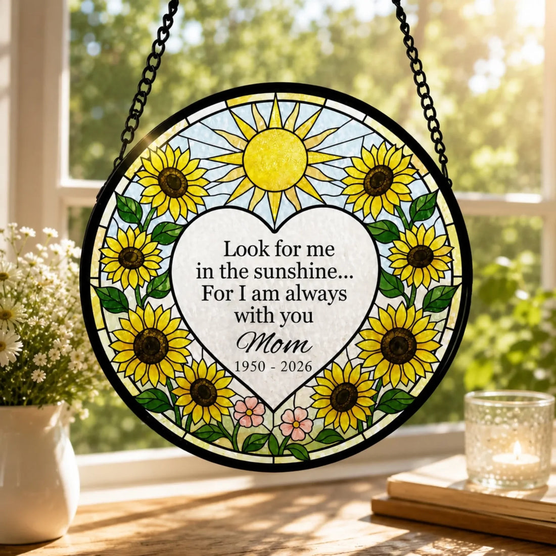 Look For Me In The Sunshine Personalized Window Stained Glass Memorial Sunflower Suncatcher Sympathy Gift For Loss Of Mom