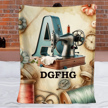 🧵Love Sewing Custom Blanket - Personalized Initial and Name - Gift for Sewing Enthusiast, Mom, Grandma