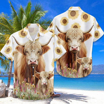 Mama Highland Cow Hawaiian Shirt — Mother & Baby Sunflower Pattern