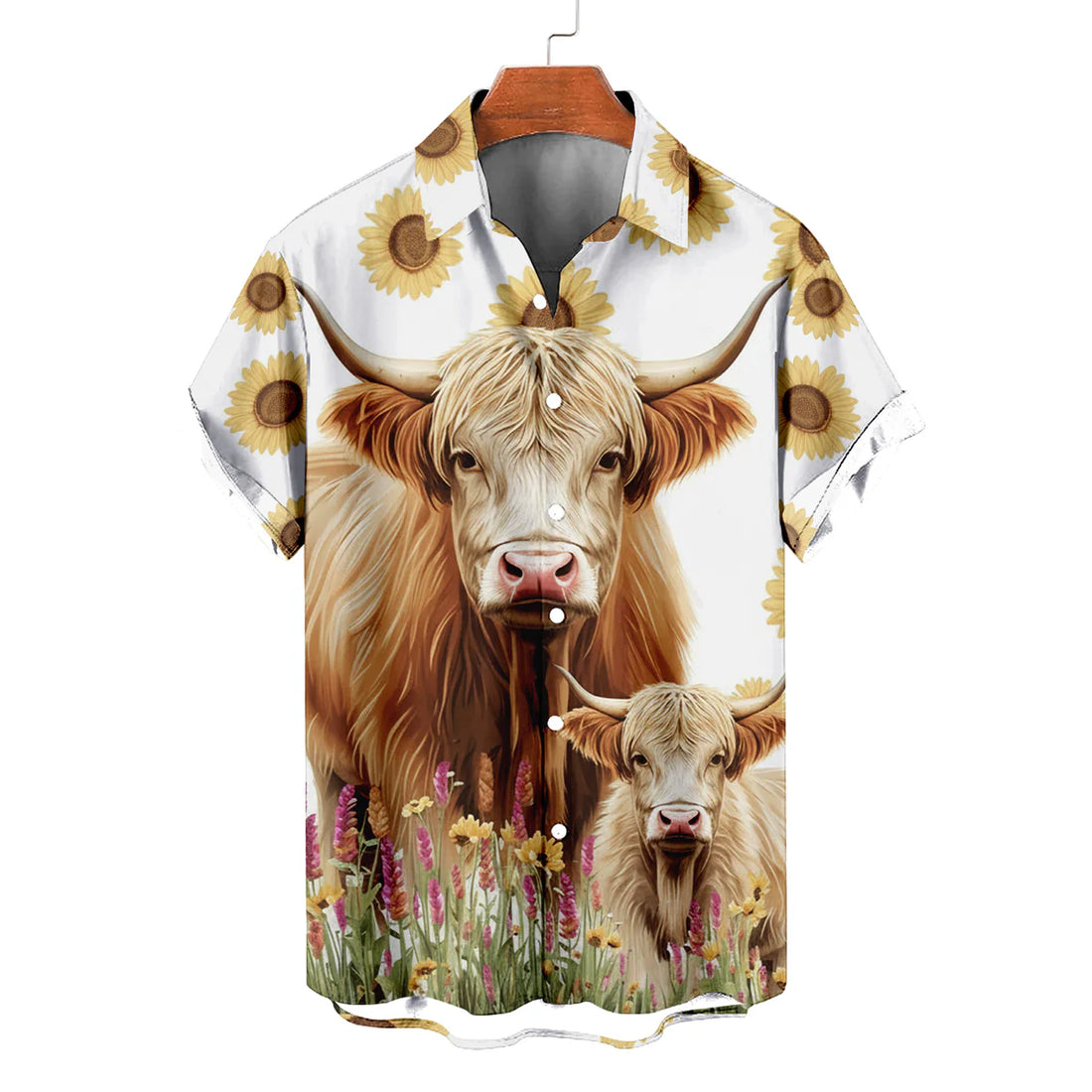 Mama Highland Cow Hawaiian Shirt — Mother & Baby Sunflower Pattern