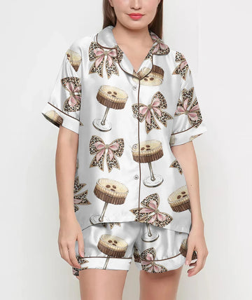 Martini Espresso Coquette Pajamas Satin Set, Leopard Bow Shirt,Mother's Day Gift, Birthday Gift, Pjs For Women, Bridesmaid Gifts