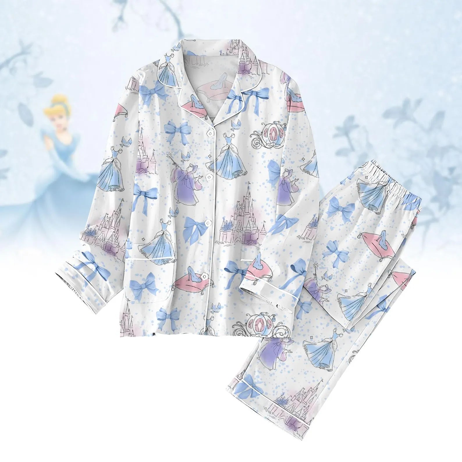 Meet Me At Midnight Cinderella Pajamas Set, Watercolor Cinderella Pjs, Cinderella Princess Pajamas, Cinderella Coquette Bow Pajamas