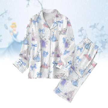 Meet Me At Midnight Cinderella Pajamas Set, Watercolor Cinderella Pjs, Cinderella Princess Pajamas, Cinderella Coquette Bow Pajamas