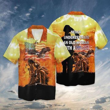Memorial Day 4th Of July Independence Day Orange Aloha Hawaiian Shirts For Men Women, Gift For Summer, Never Underestimate An Old Woman With A DD 214