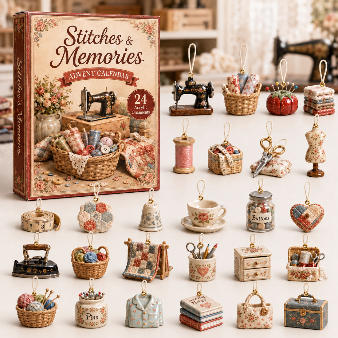 Memory Sewing Advent Calendar 2026 24 Day Festive Countdown Acrylic Charms Blind Box Gift For Sewing Lovers
