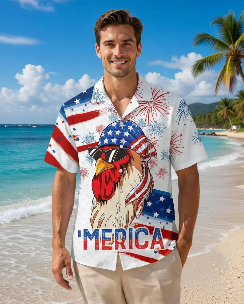 Men's Chicken Hawaiian Shirt, Patriotic Aloha Beach Shirt, 4th of July Apparel