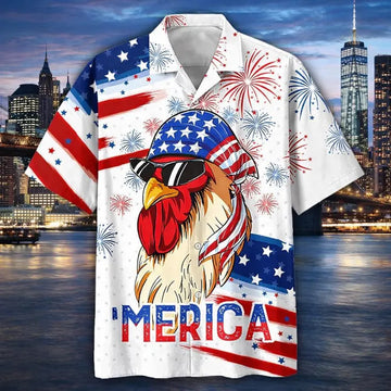 Men's Chicken Hawaiian Shirt, Patriotic Aloha Beach Shirt, 4th of July Apparel