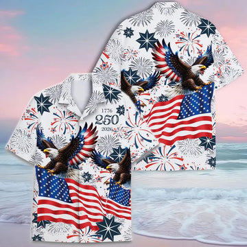 Mens Hawaiian Shirt Patriotic 250 Years USA, Vintage Aloha Button Down 4th of July Shirt, Bald Eagle Fireworks, USA 1776 Gift for Him