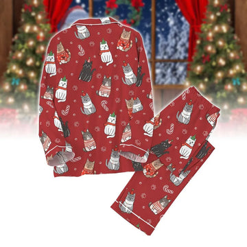 Meowy Christmas Pajamas, Cat Santa Hat Fleece Pajamas,Catmas Sleepwear, Funny Cat Lovers Gifts, Matching Christmas Family Pajamas Set