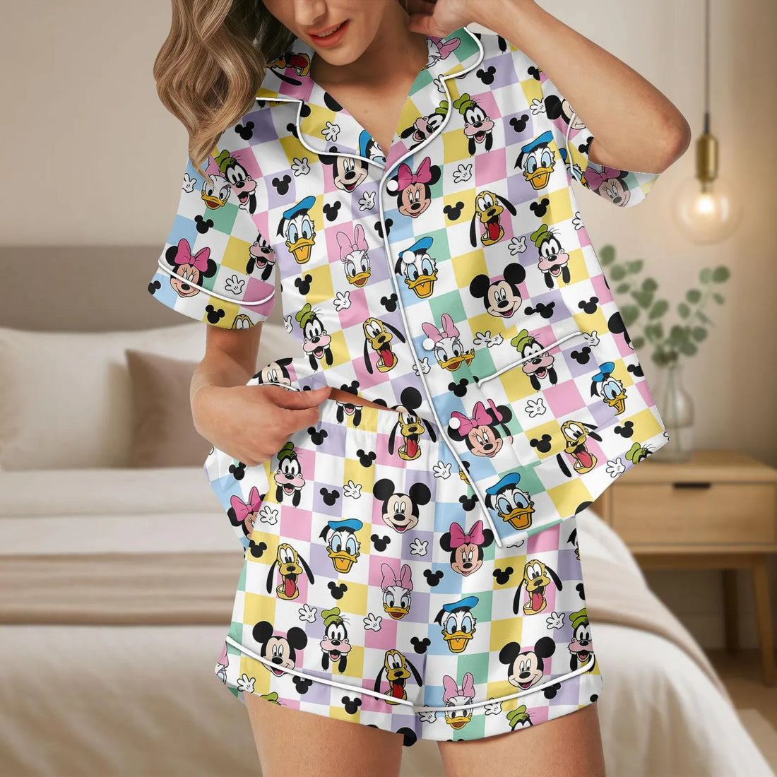 Mickey Minnie Satin Pajamas, Disney Cartoon Sleepwear for Women, Summer Matching Shorts Lounge Set Gift
