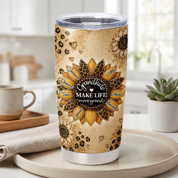 Leopard Sunflower Grandkids Make Life More Grand - Personalized Tumbler, Mother's Day Gift, Gift For Grandma, Mom With Custom Kid Names