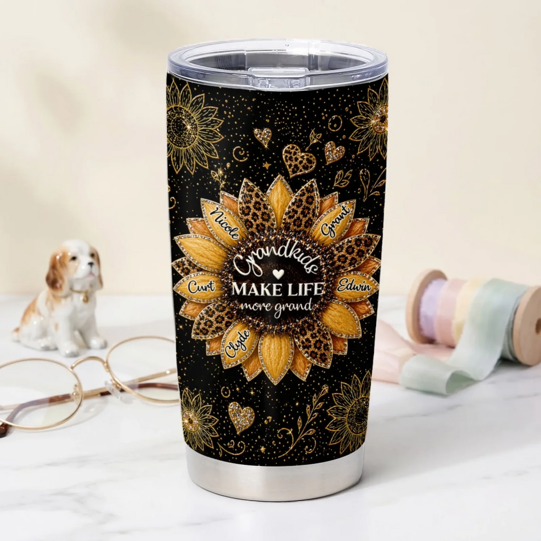 Leopard Sunflower Grandkids Make Life More Grand - Personalized Tumbler, Mother's Day Gift, Gift For Grandma, Mom With Custom Kid Names