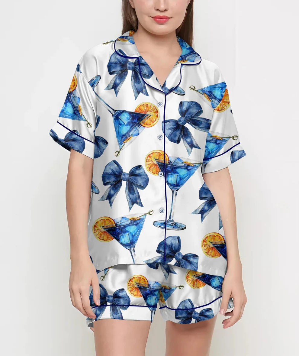 Mom Birthday Gift, Blue Cocktail Coquette Pajamas Satin Set, Women Gift, Mother Gift, Birthday Gift Women, Bridesmaid Gifts, Bachelorette