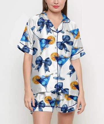 Mom Birthday Gift, Blue Cocktail Coquette Pajamas Satin Set, Women Gift, Mother Gift, Birthday Gift Women, Bridesmaid Gifts, Bachelorette