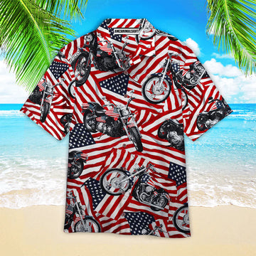 Motorcycles American Flag Red And White Aloha Hawaiian Shirts For Men Women, 4th Of July Gift For Summer, Friend, Independence Day, Motorcycles Lovers